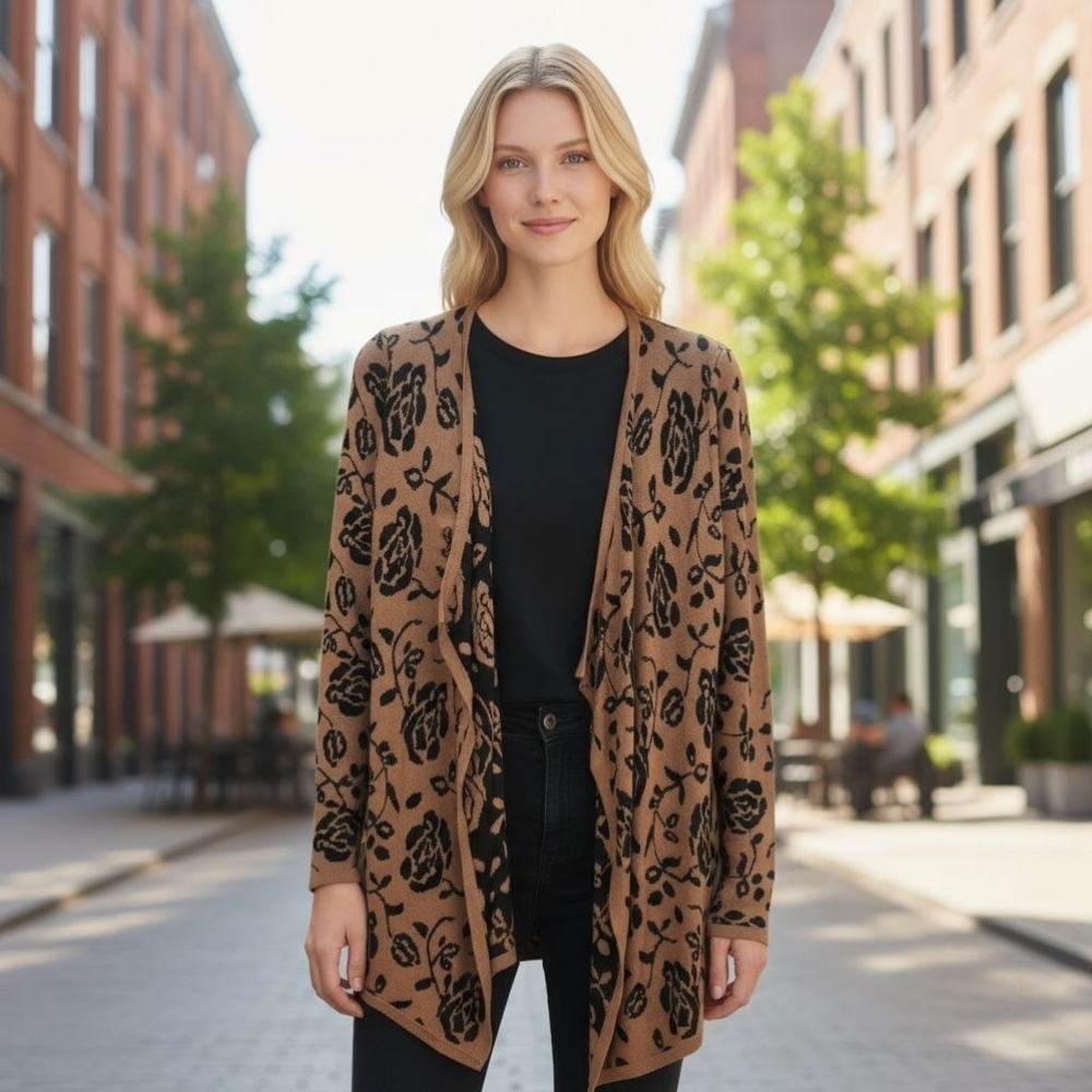 Vintage Faded Glory Fine Knit Cardigan Sweater In  Brown Florals  Matching BELT